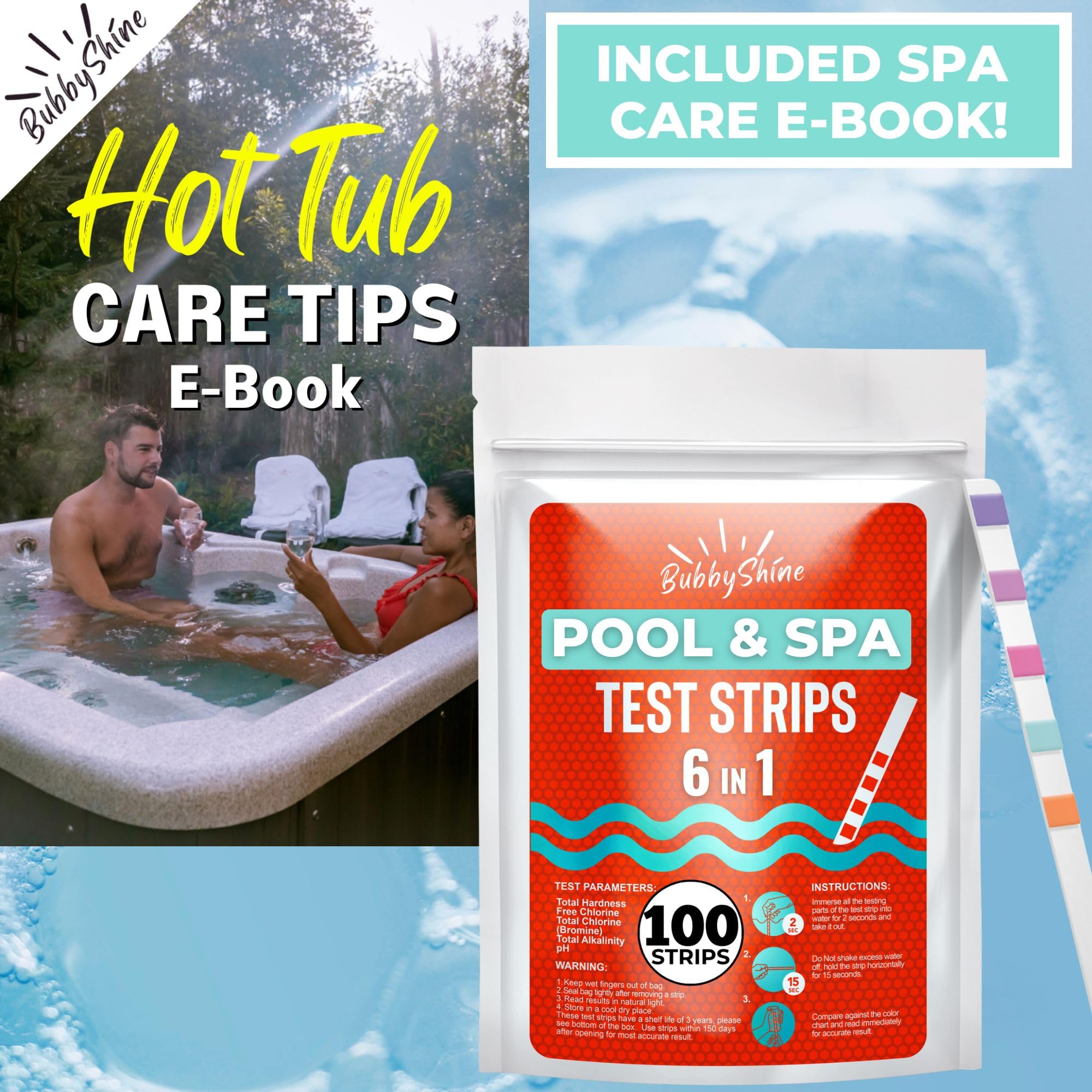 Easy-use water testing procedure photo featuring BubbyShine strips for spa and pool.