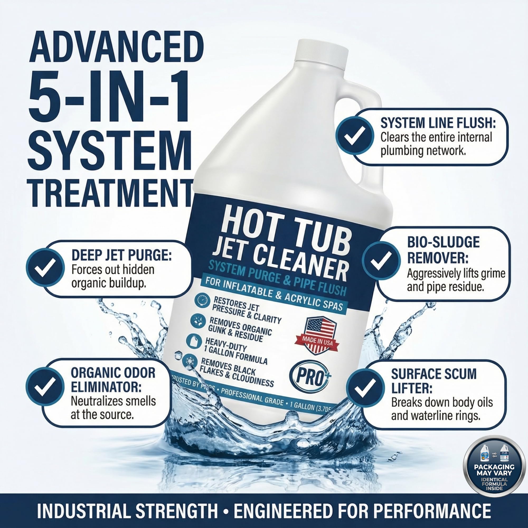 BubbyShine Hot Tub Jet Cleaner bottle pour demonstrating ready-to-use flush for cleaner jets