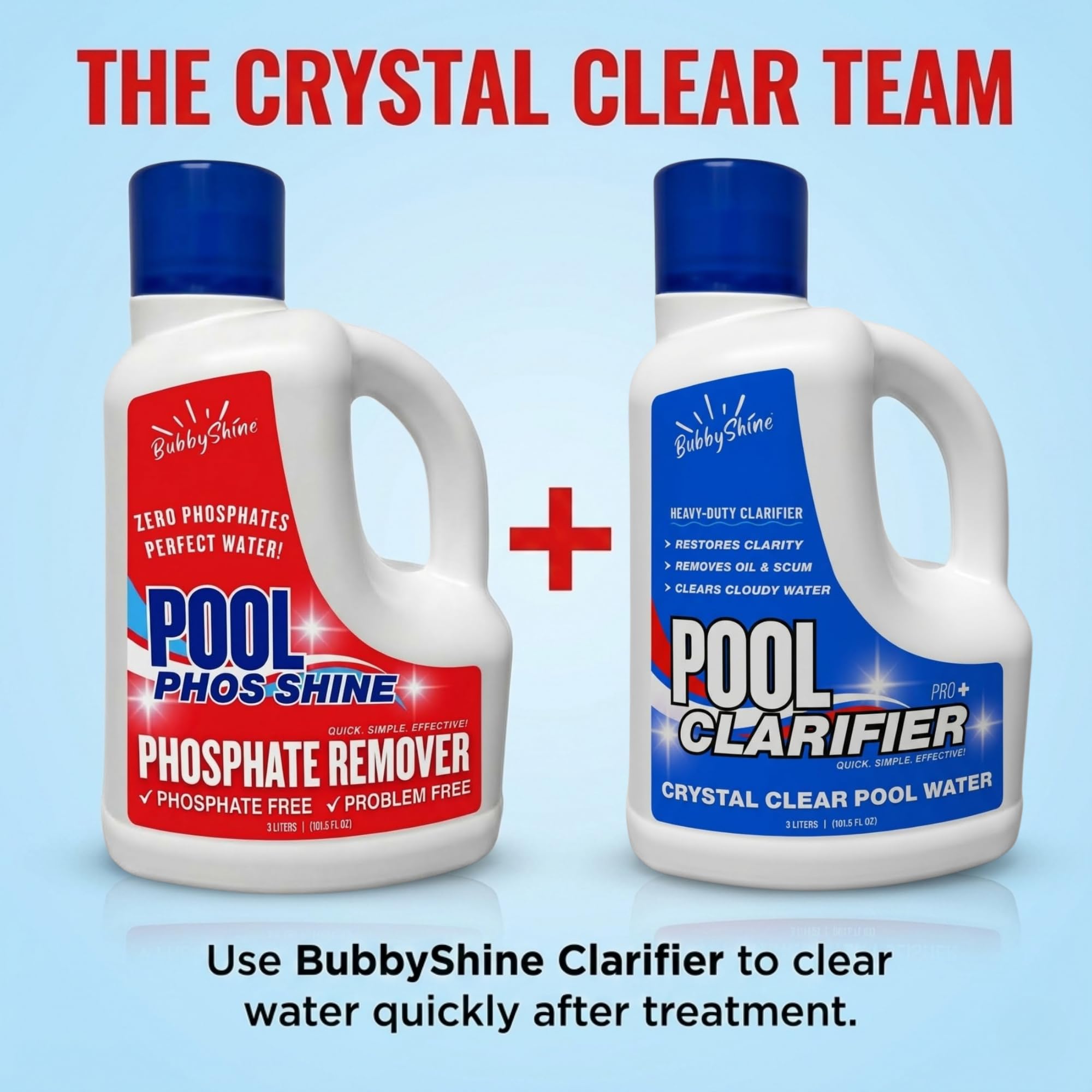 BubbyShine pool maintenance scene showing clear water after dosing.