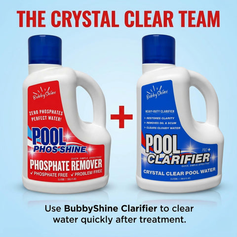 BubbyShine pool maintenance scene showing clear water after dosing.