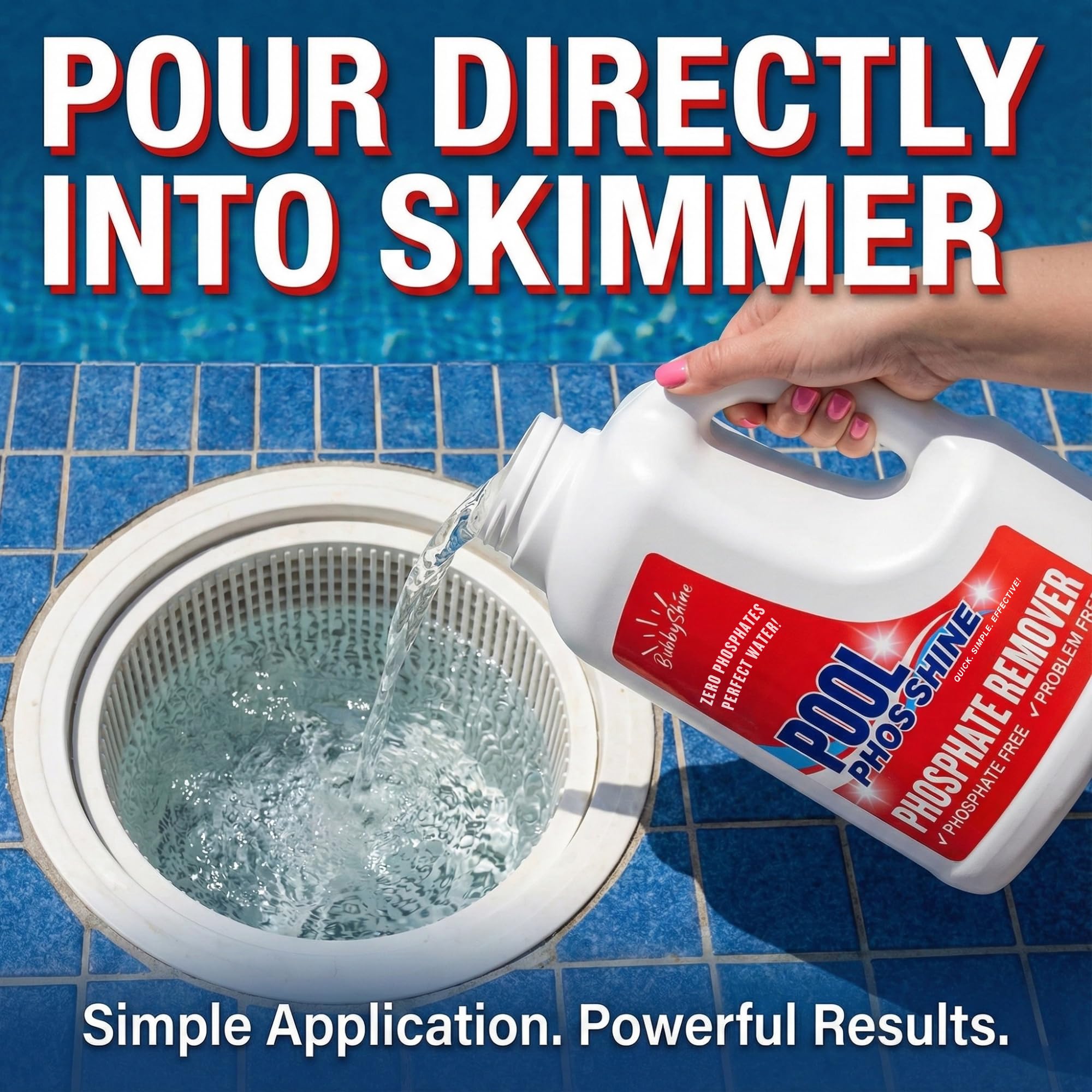 BubbyShine phosphate remover in a well-organized pool area.
