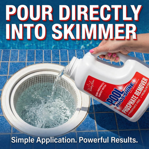 BubbyShine phosphate remover in a well-organized pool area.