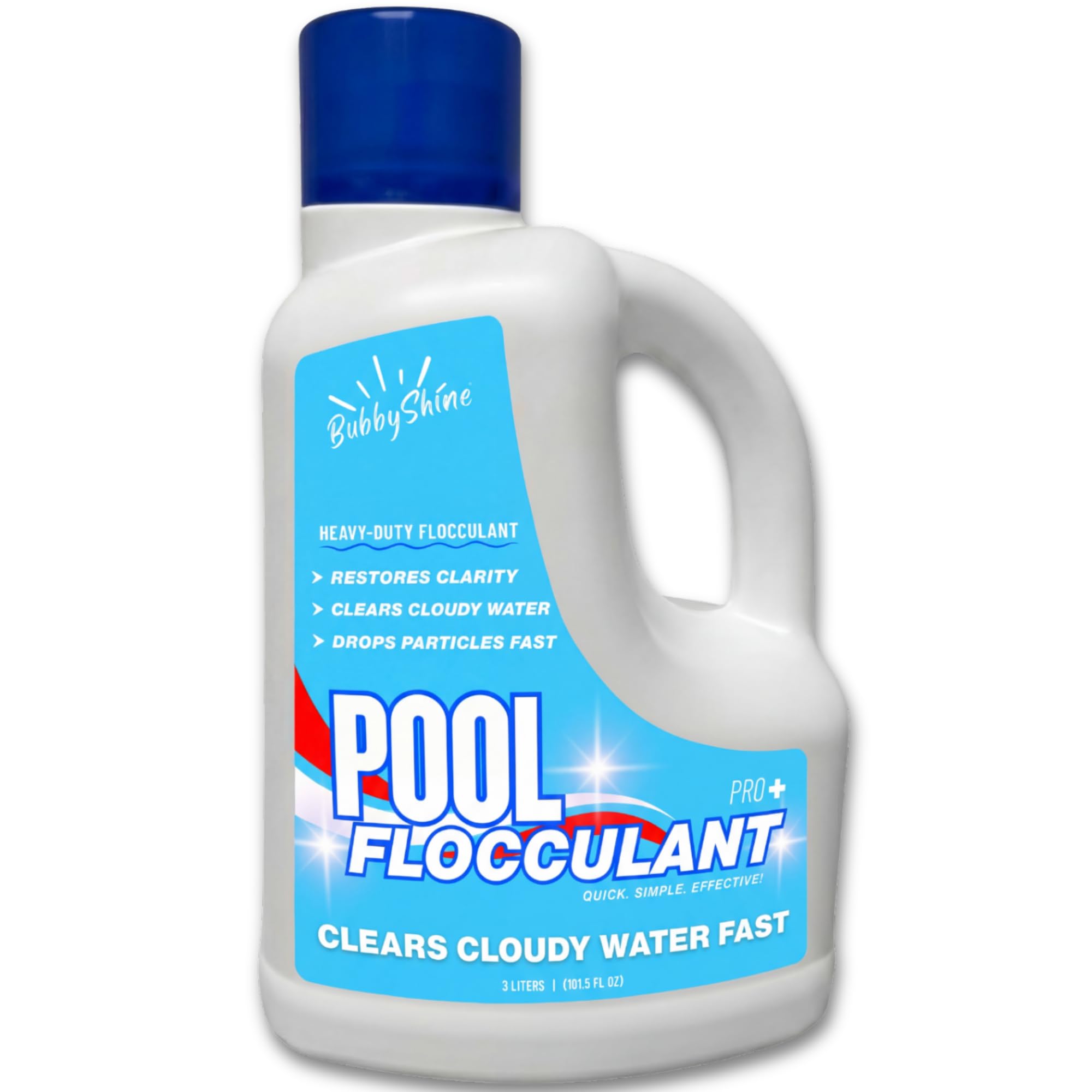 BubbyShine pool flocculant clarifier bottle front ready for large-pool use