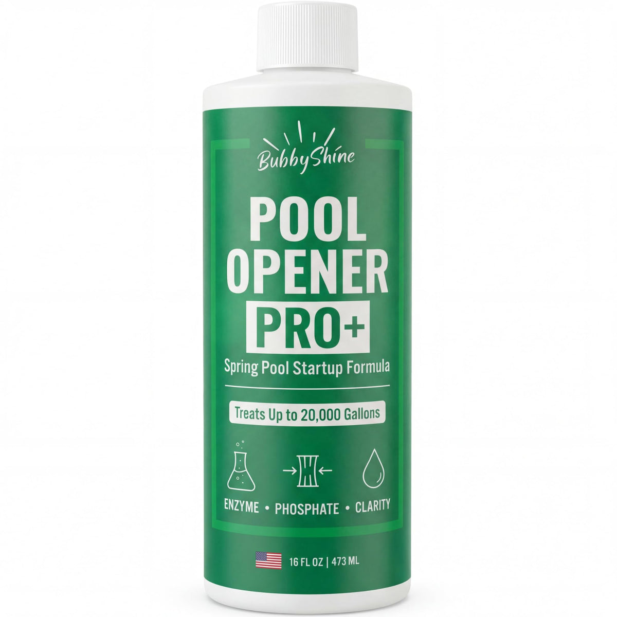 BubbyShine pool opening 16oz bottle ready to boost clarity.