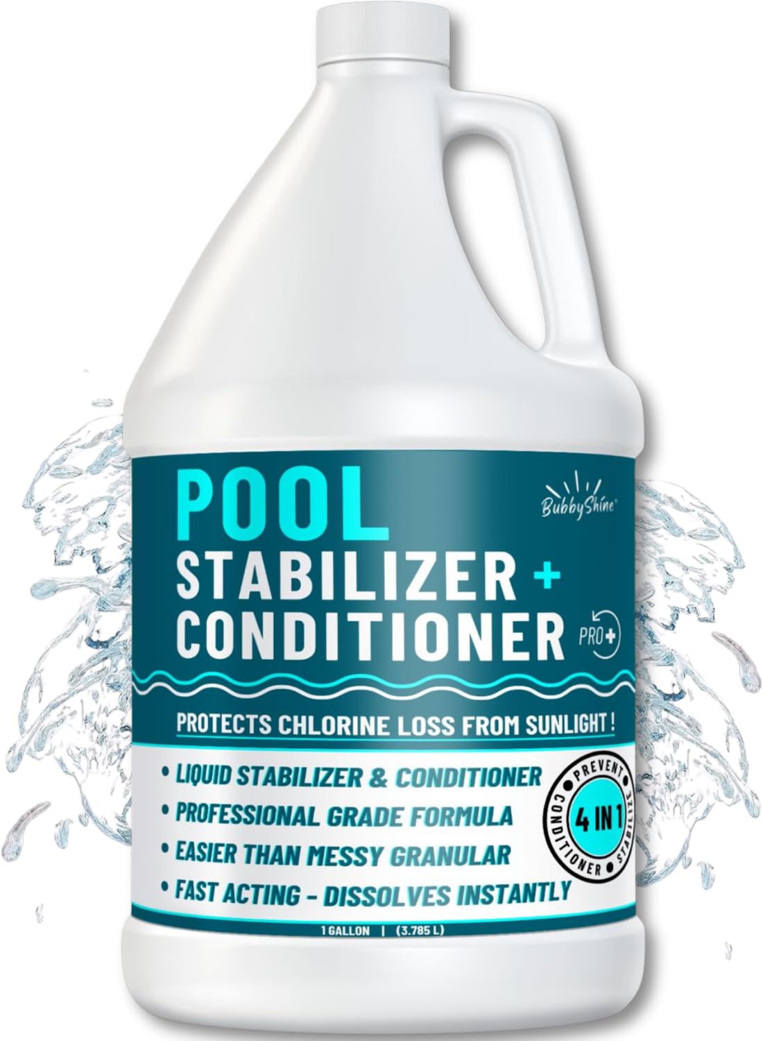 BubbyShine pool stabilizer bottle pour showing chlorine retention in sun exposure.