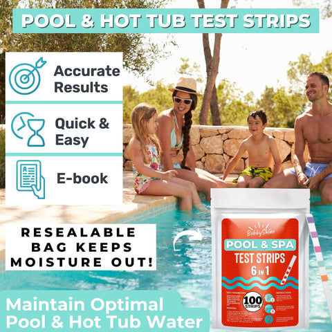 Clear color results from BubbyShine water test strips for pool maintenance.