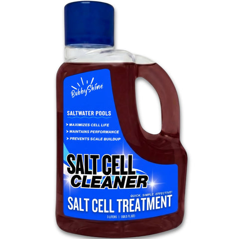 BubbyShine Salt Cell Cleaner bottle shown for easy weekly pool maintenance