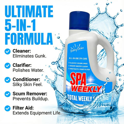 BubbyShine spa weekly enzyme cleaner label close-up for clean water.