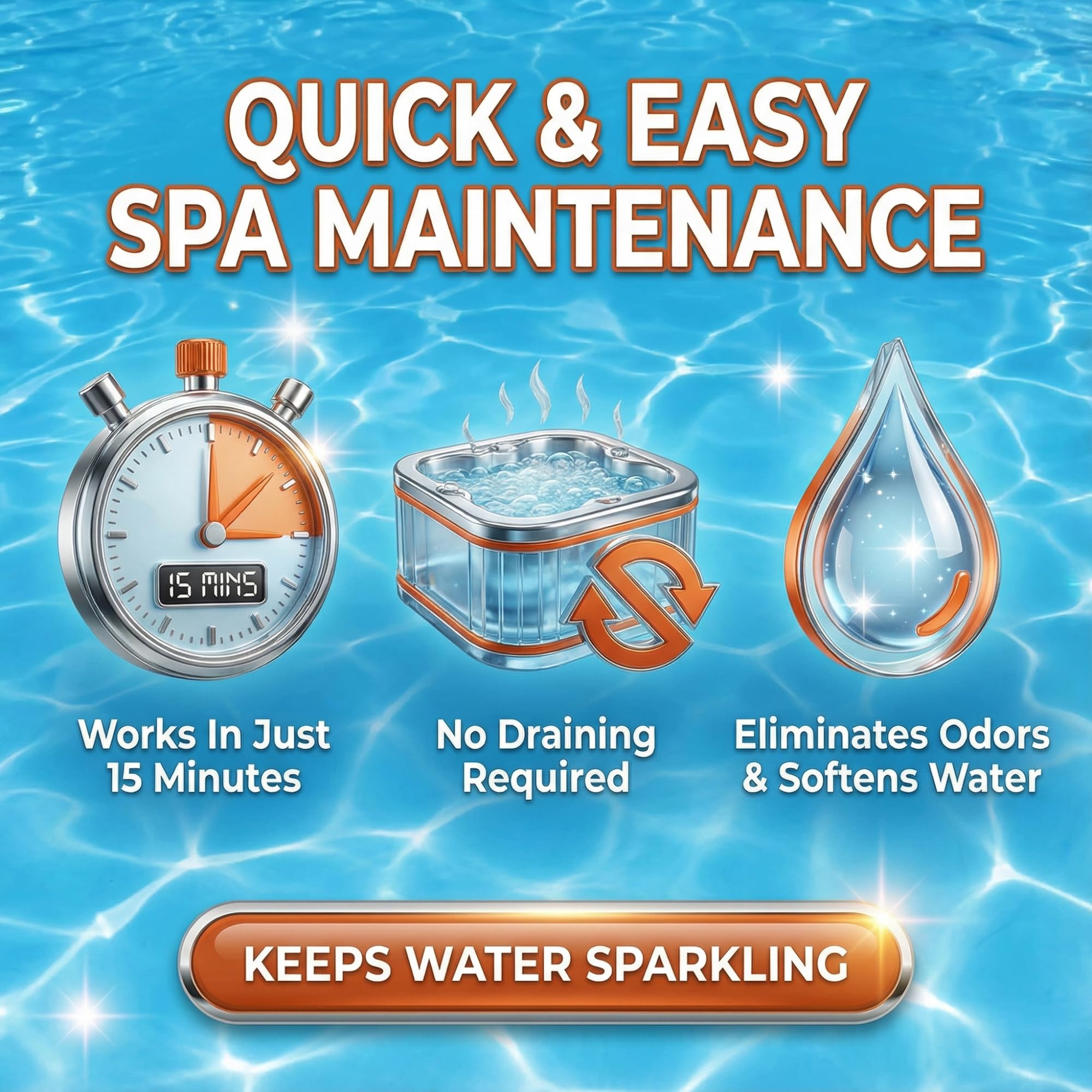 BubbyShine water conditioner pouring into spa for balanced chemistry.