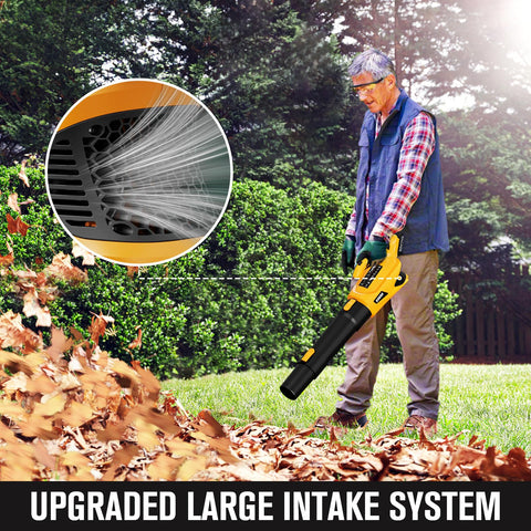 Backyard scene using BUBRA blower for garden cleanup.