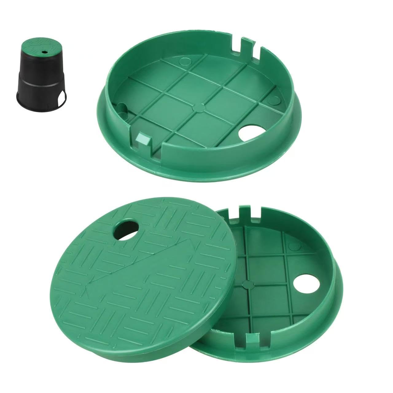 Buccilly round green valve box cover side view blends with lawn and shields valves