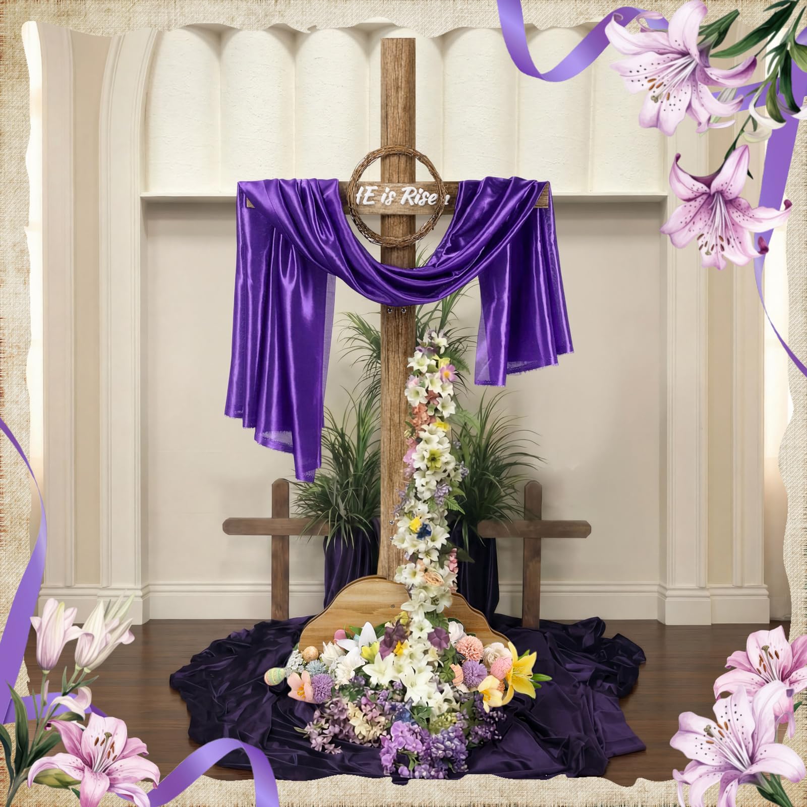 Bucherry He Is Risen cross with wreath highlights yard focal point.