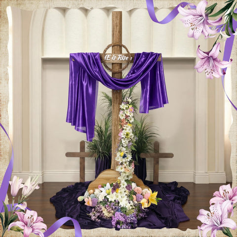Bucherry He Is Risen cross with wreath highlights yard focal point.