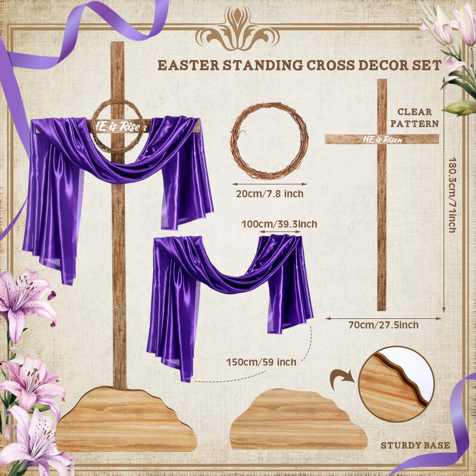 Bucherry wood cross with purple ribbon and wreath for outdoor decor.