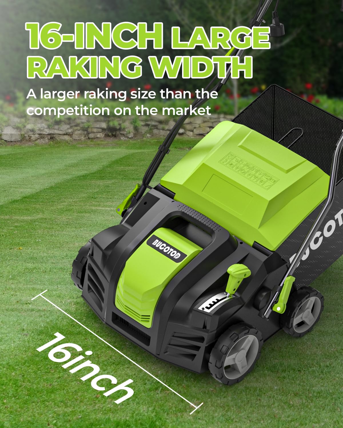 BUCOTOD 15 amp electric motor powering dethatching and scarifying tasks.