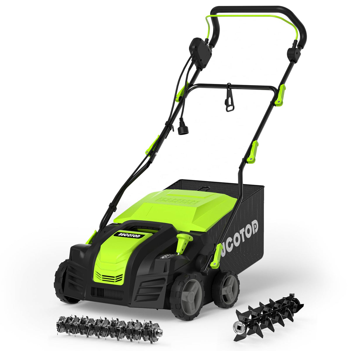 BUCOTOD 2-in-1 dethatcher and scarifier front view for efficient lawn care.
