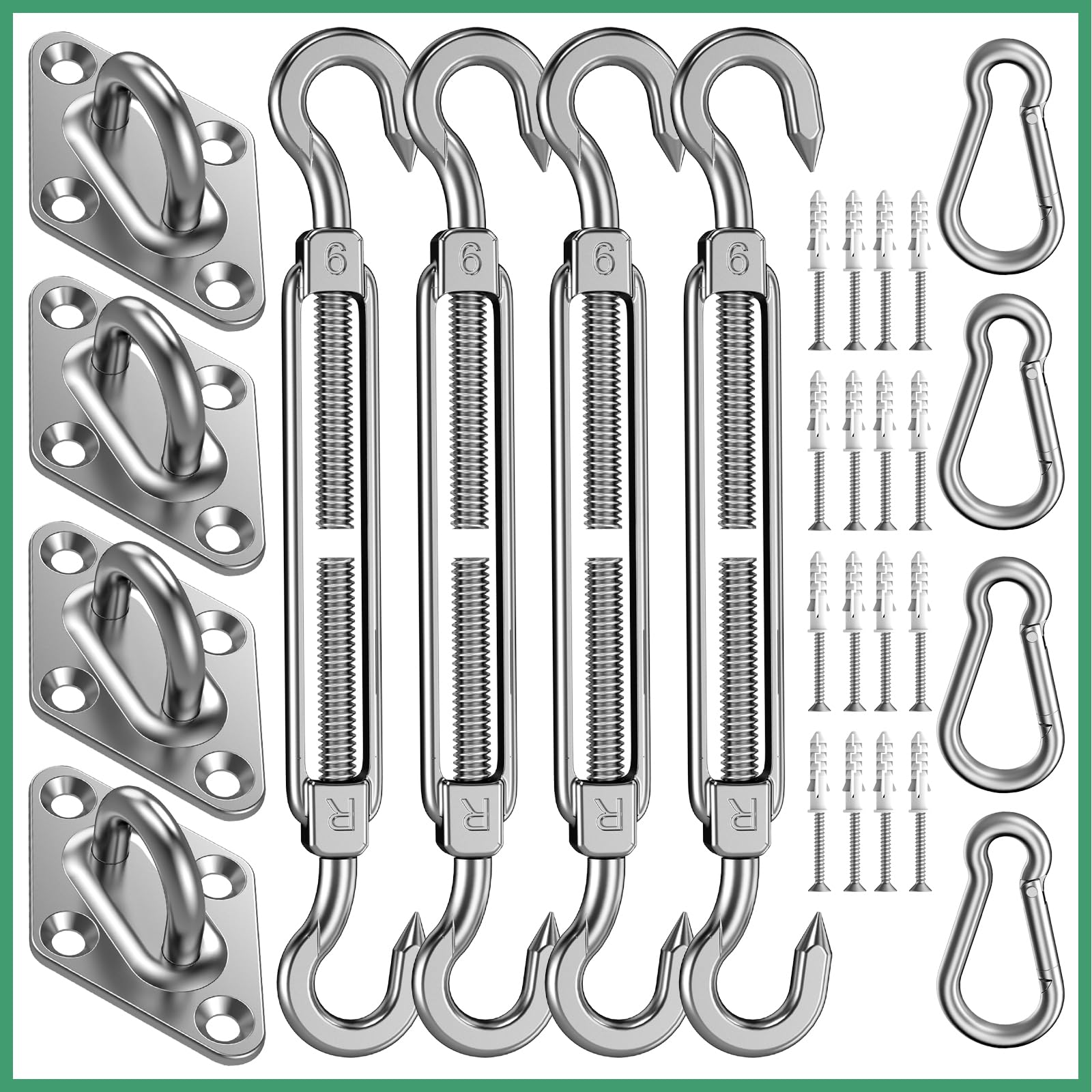 Budoni sun sail hardware kit with 6-inch stainless steel components for rust resistance.