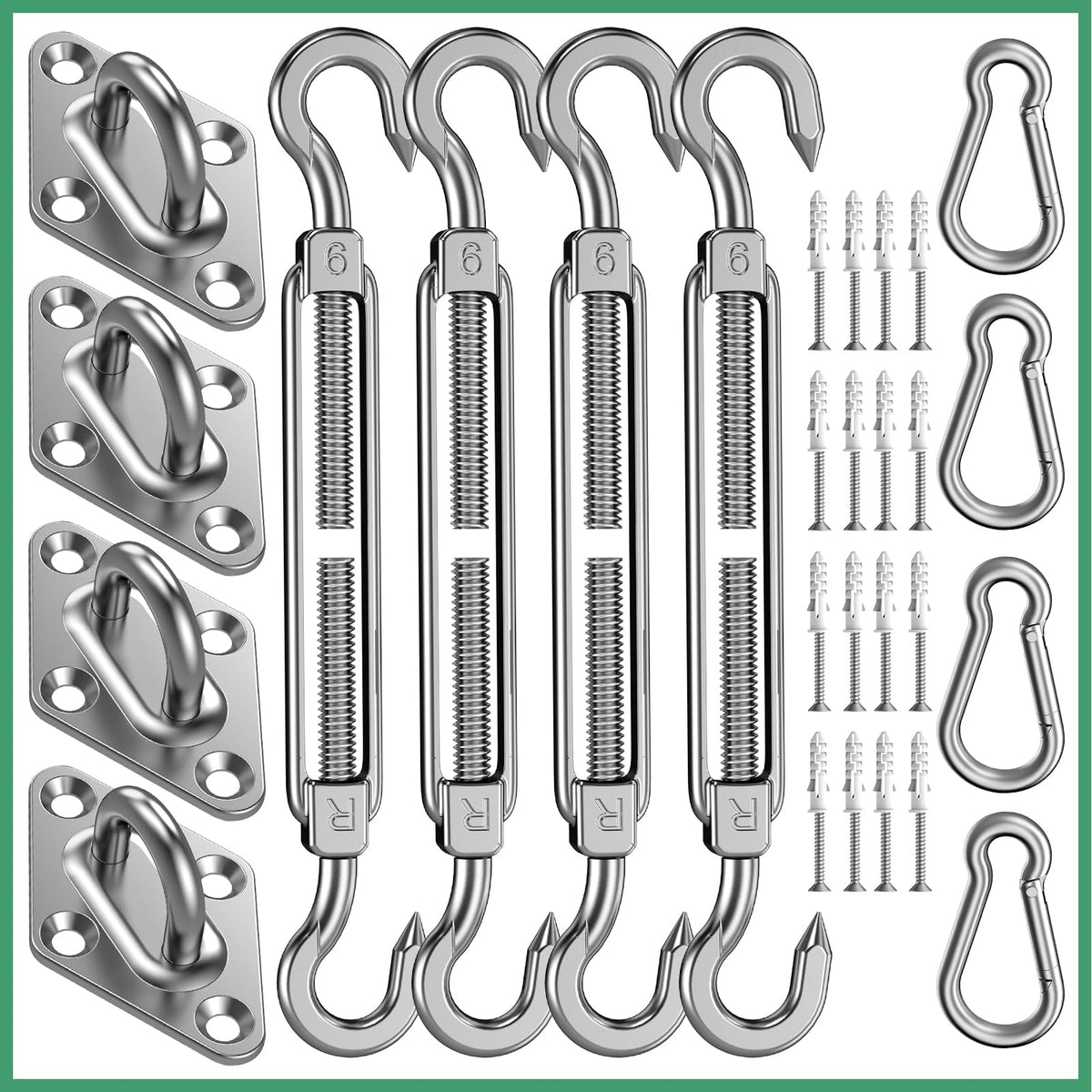Budoni sun sail hardware kit with 6-inch stainless steel components for rust resistance.