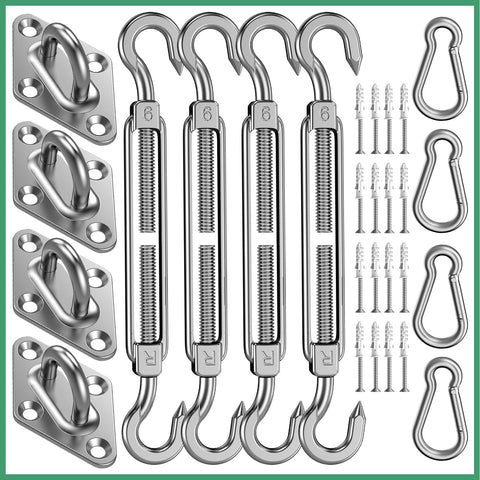 Budoni sun sail hardware kit with 6-inch stainless steel components for rust resistance.
