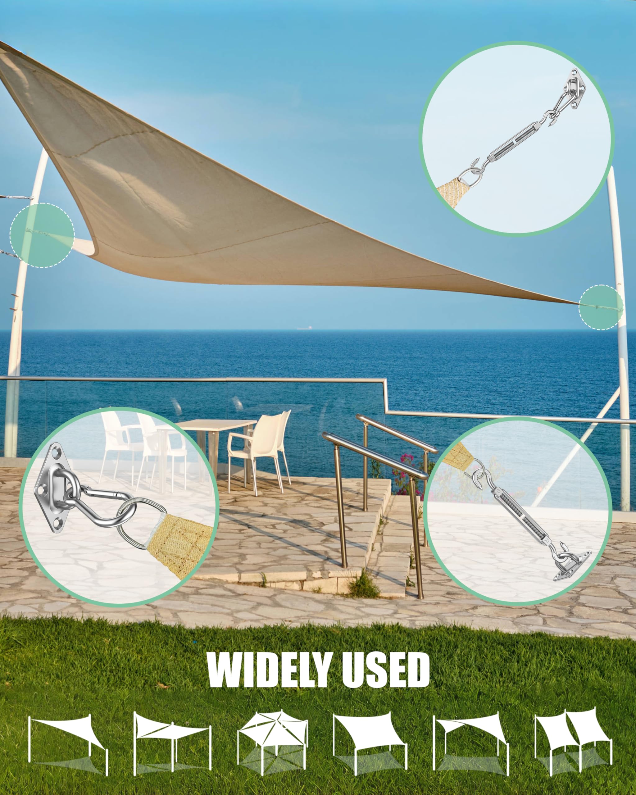 Budoni turnbuckles adjustable 5–7.5 ft for precise tension on shade sails.