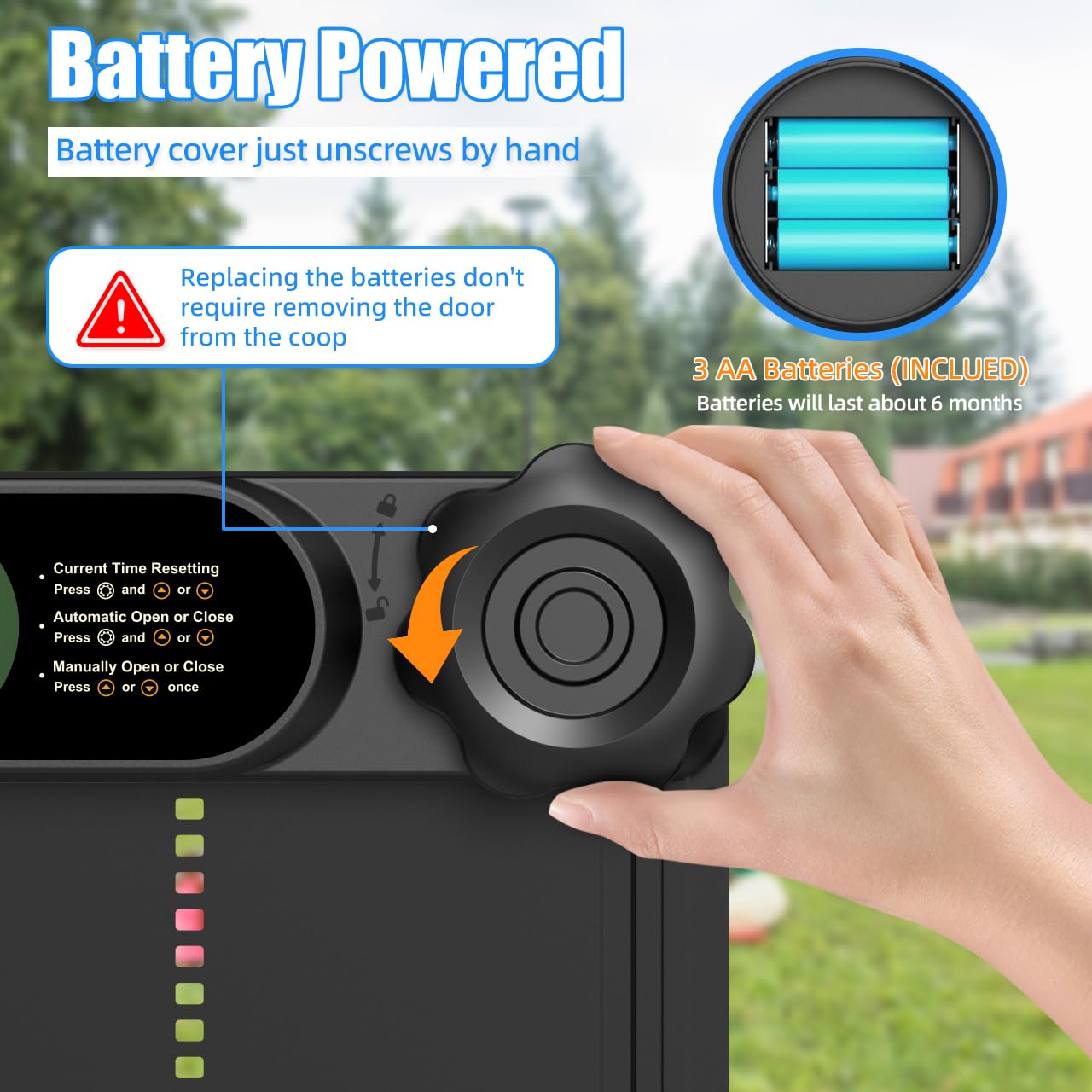 Budsom battery compartment close-up highlighting tool-free one-minute replacement.
