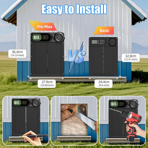 Budsom coop door installed on a standard coop for easy setup.