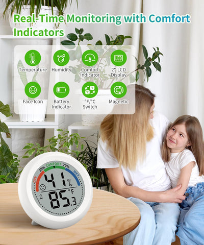 Budsom hygrometer comfort indicator shows DRY, COMFORT, or WET at a glance.