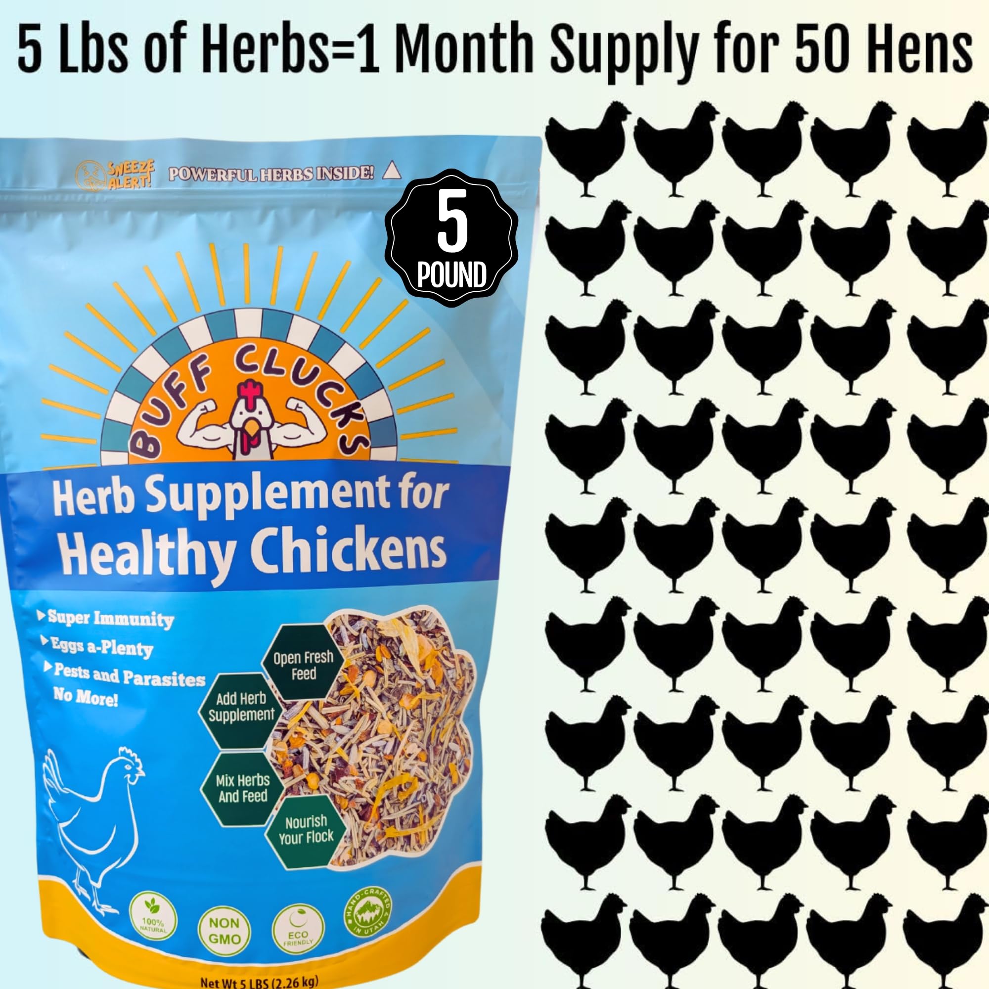 Buff Clucks 5lb herb blend supports a balanced coop nutrition approach.