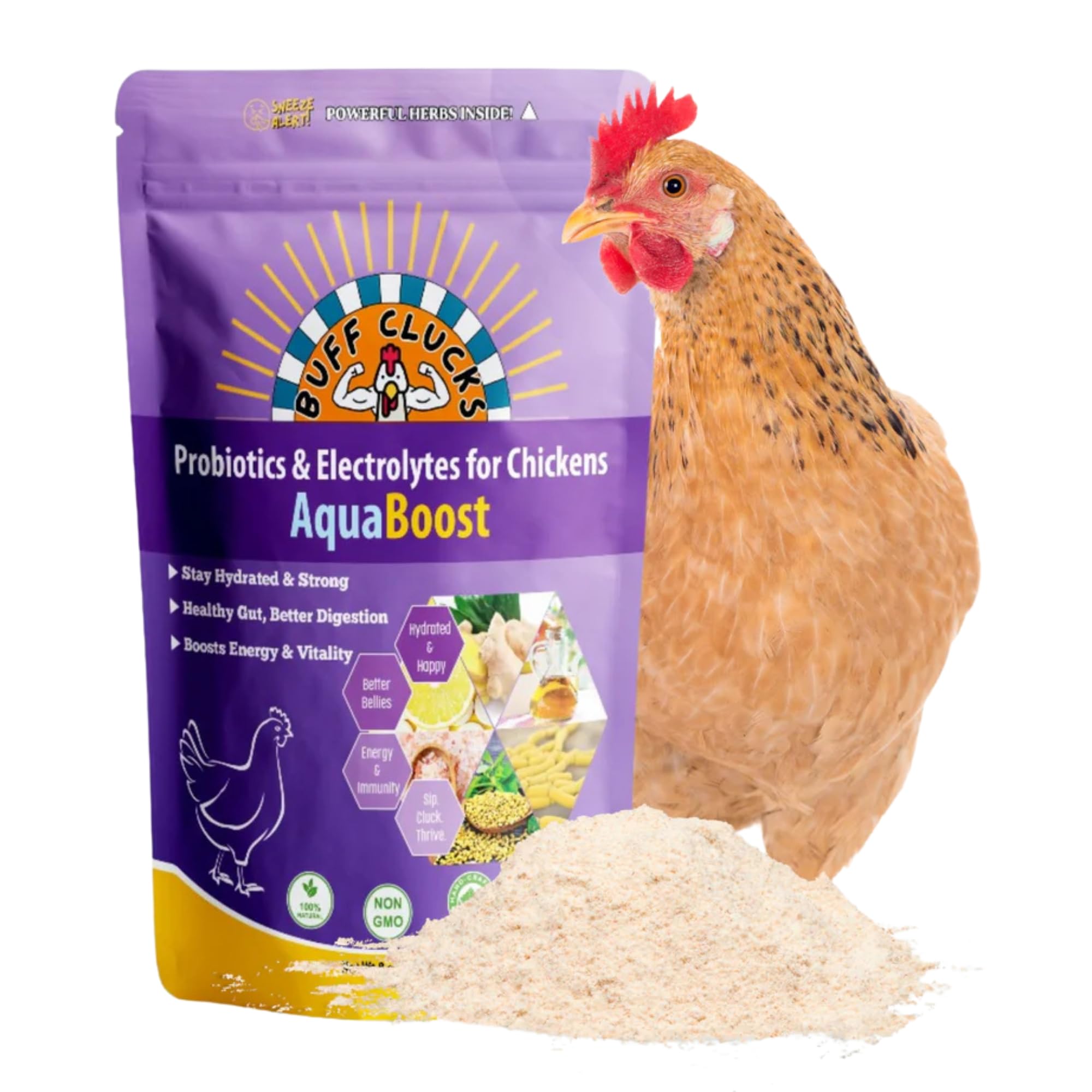 Buff Clucks AquaBoost bottle and scoop for easy daily hydration.
