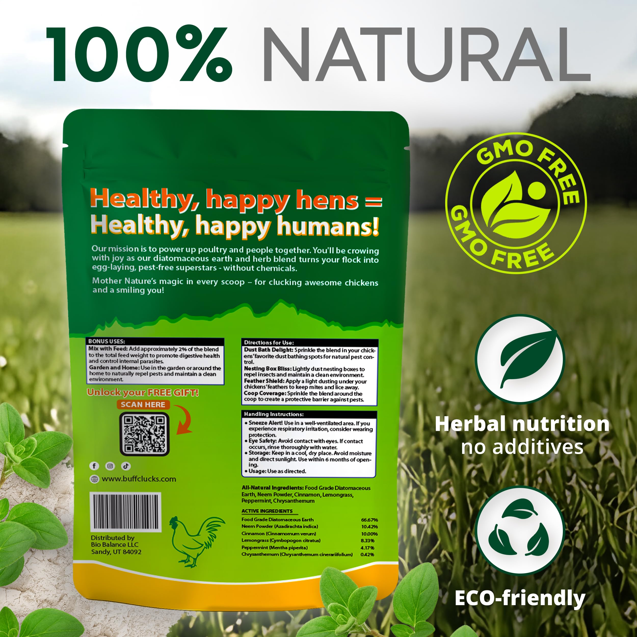 Buff Clucks dust bath application in coop demonstrates herbal freshness and coop cleanliness.