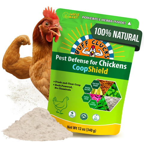 Buff Clucks dust bath herb blend closeup shows natural ingredients for gentle chicken dust baths.