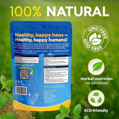 Buff Clucks herb mix in feed boosts flavor and digestion for healthy flock.