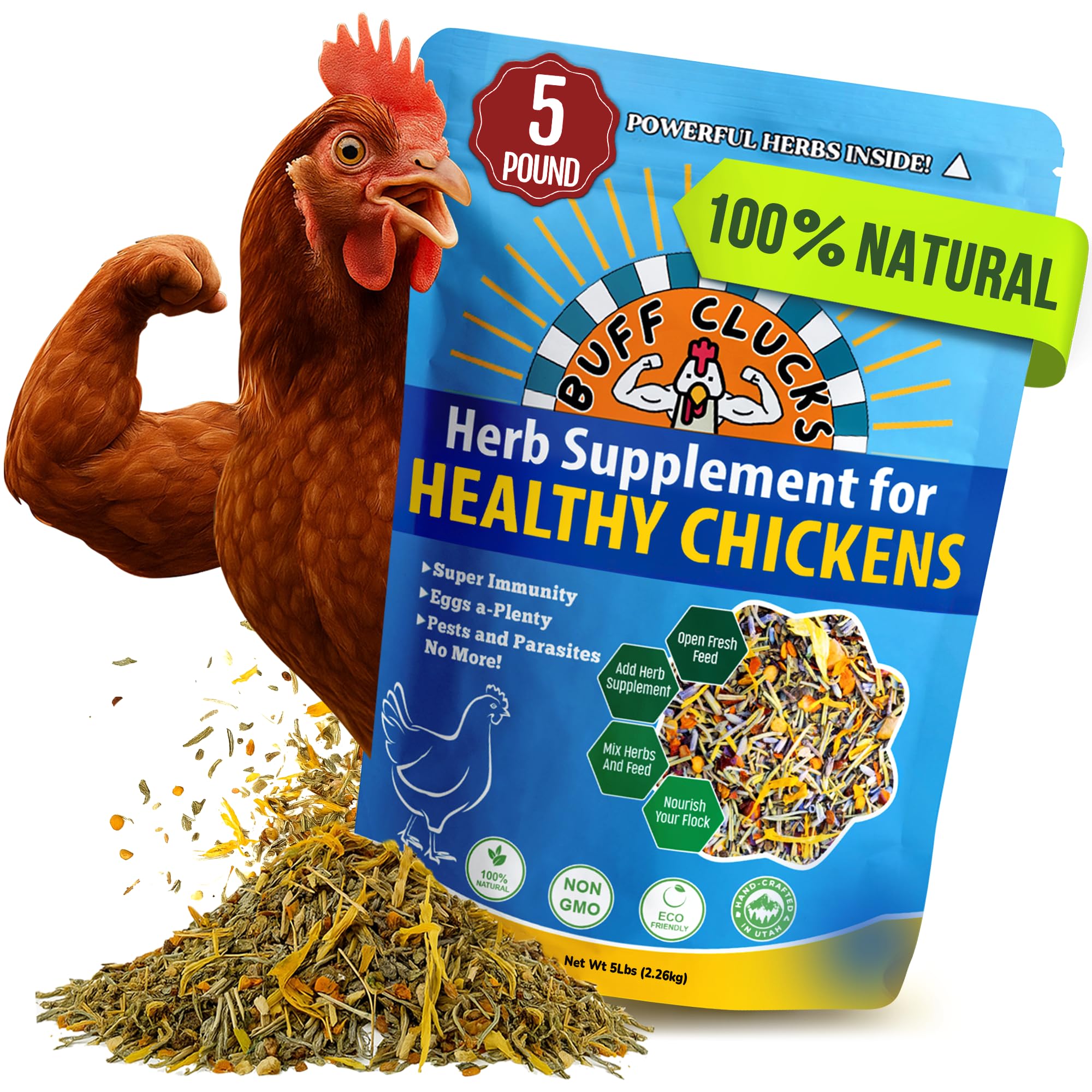 Buff Clucks herb supplement for backyard chickens supports daily wellness when mixed with feed.