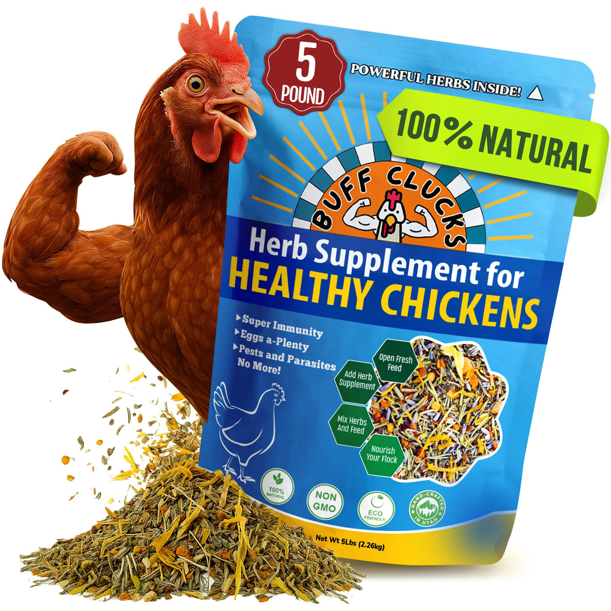 Buff Clucks herb supplement for backyard chickens supports daily wellness when mixed with feed.