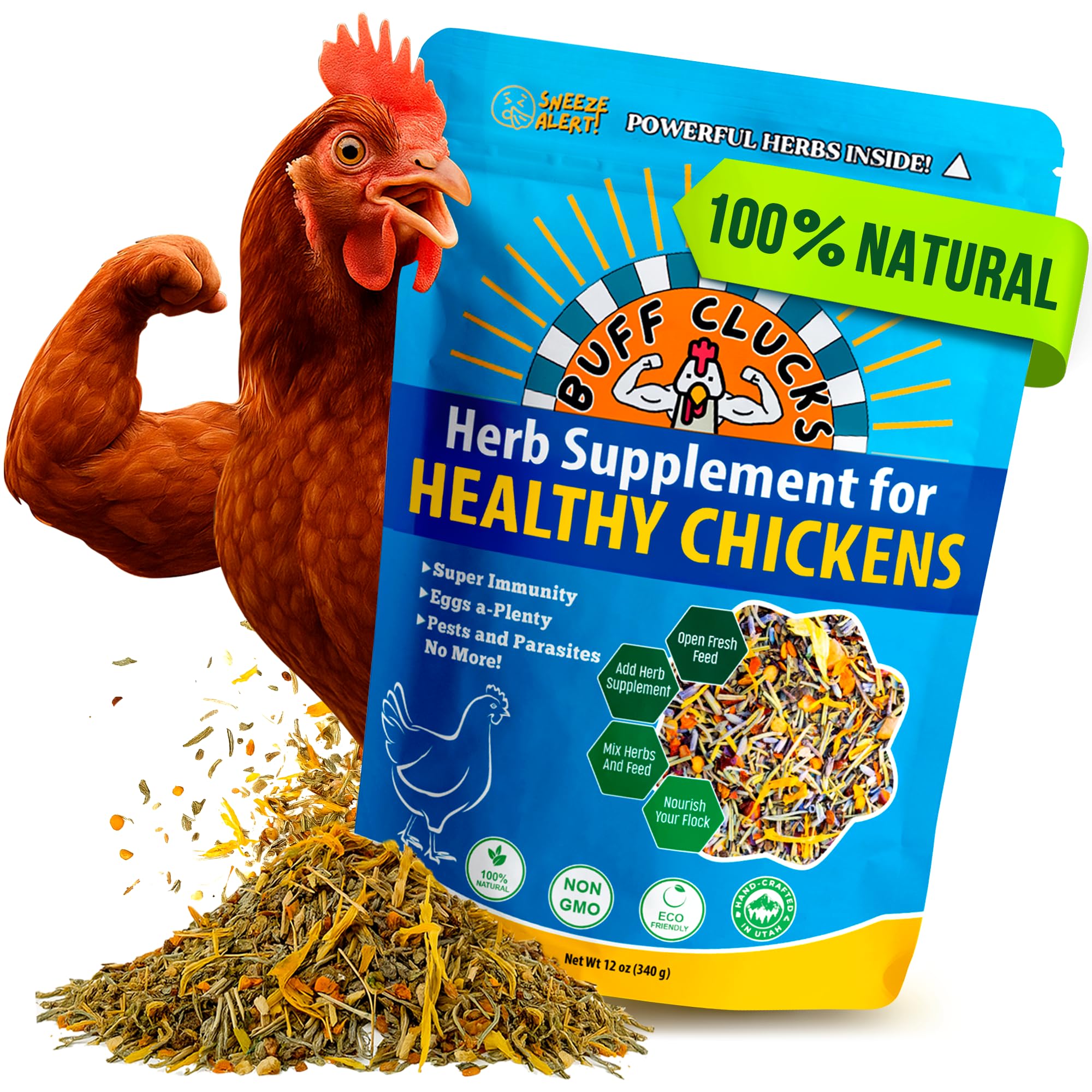 Buff Clucks herb supplement bottle front shown for easy daily poultry nutrition.