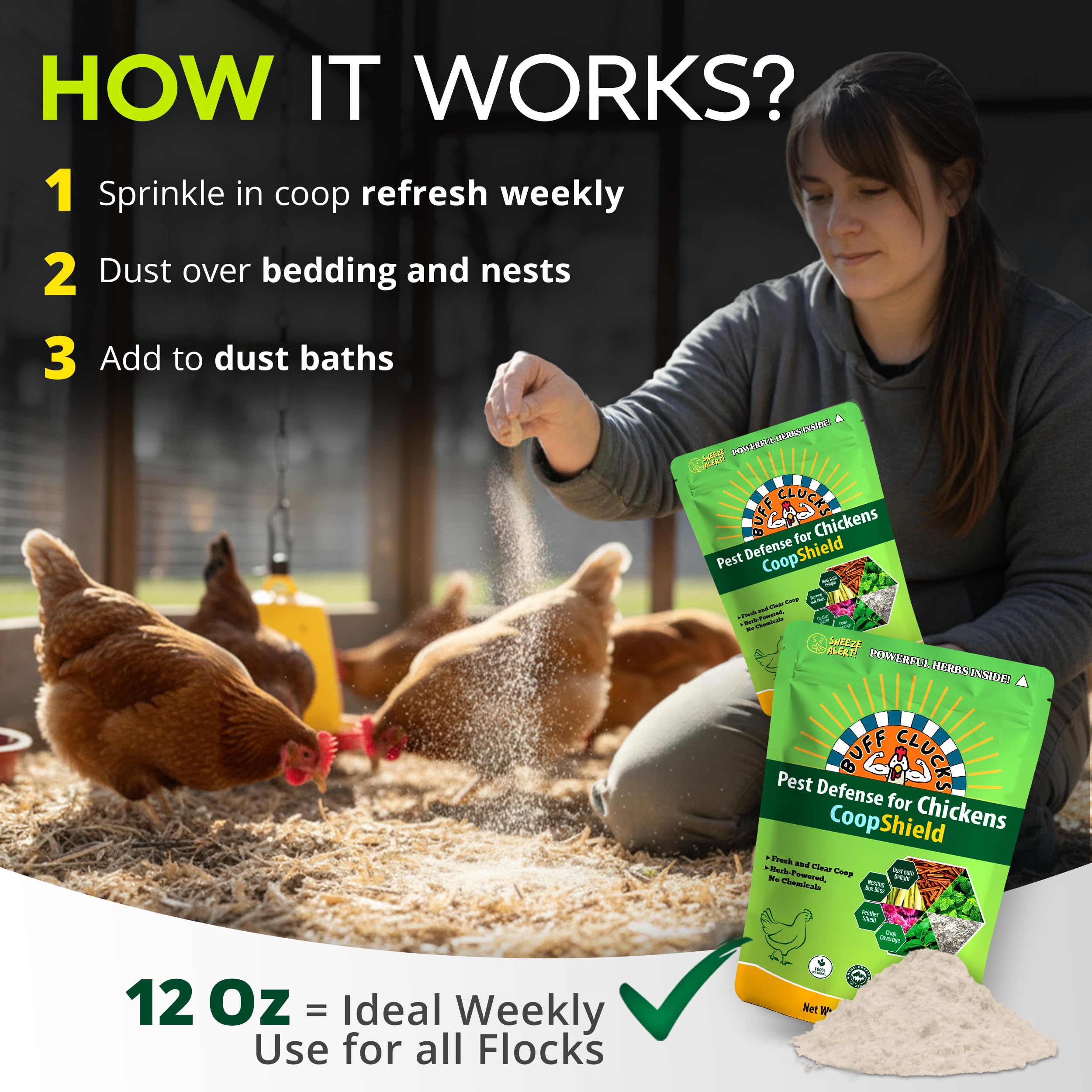 Buff Clucks herbal ingredients like neem and lemongrass highlighted in the blend.