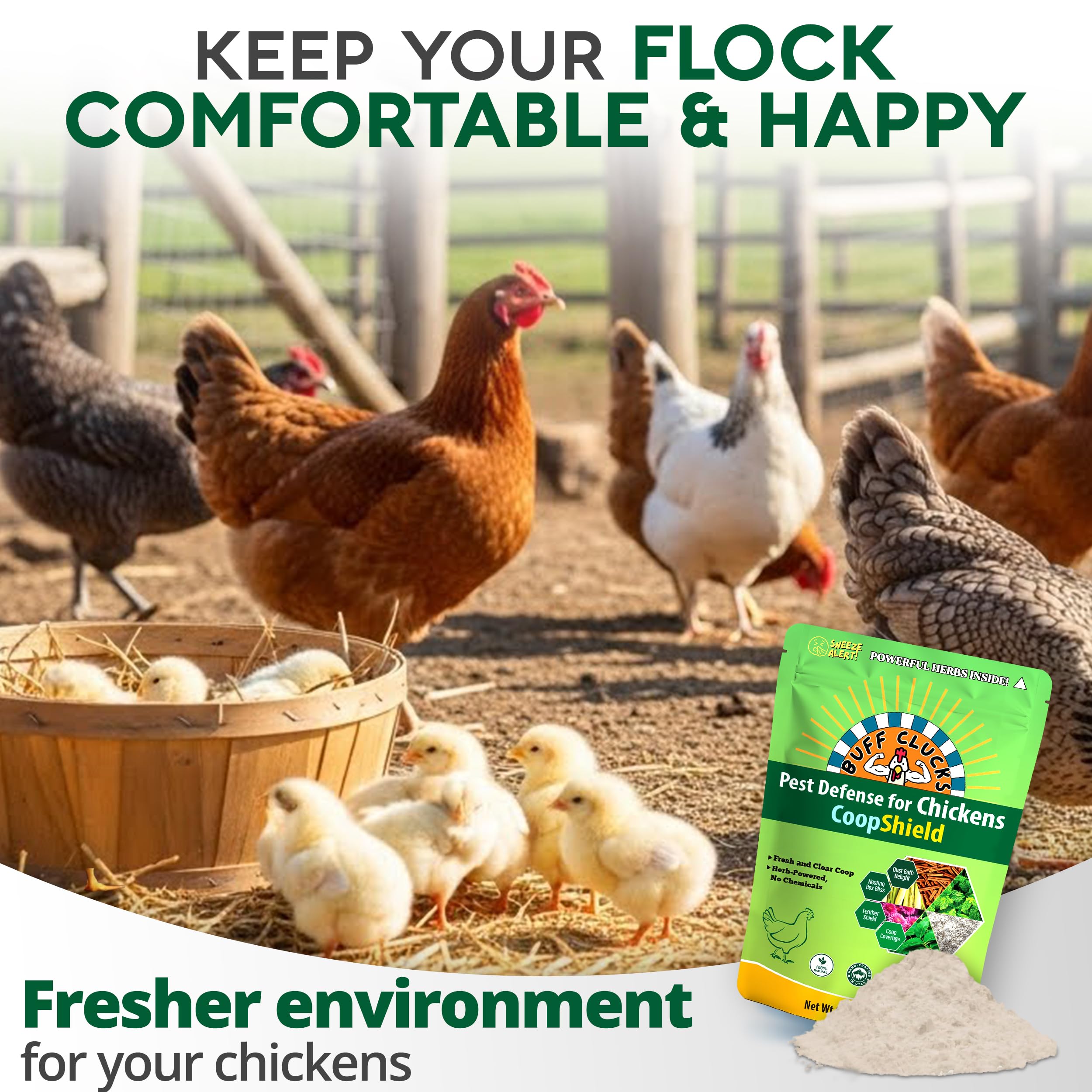 Buff Clucks USA-made natural coop herbs used in bedding.