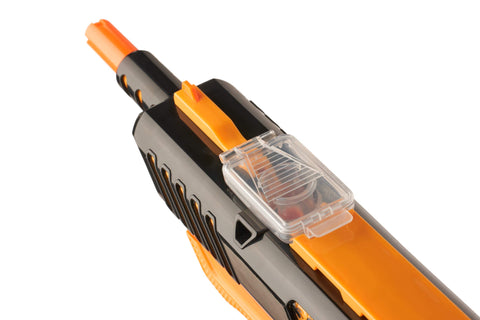 BUG-A-SALT Orange Crush 3.0 shows lifted barrel with Partridge sight for precision.