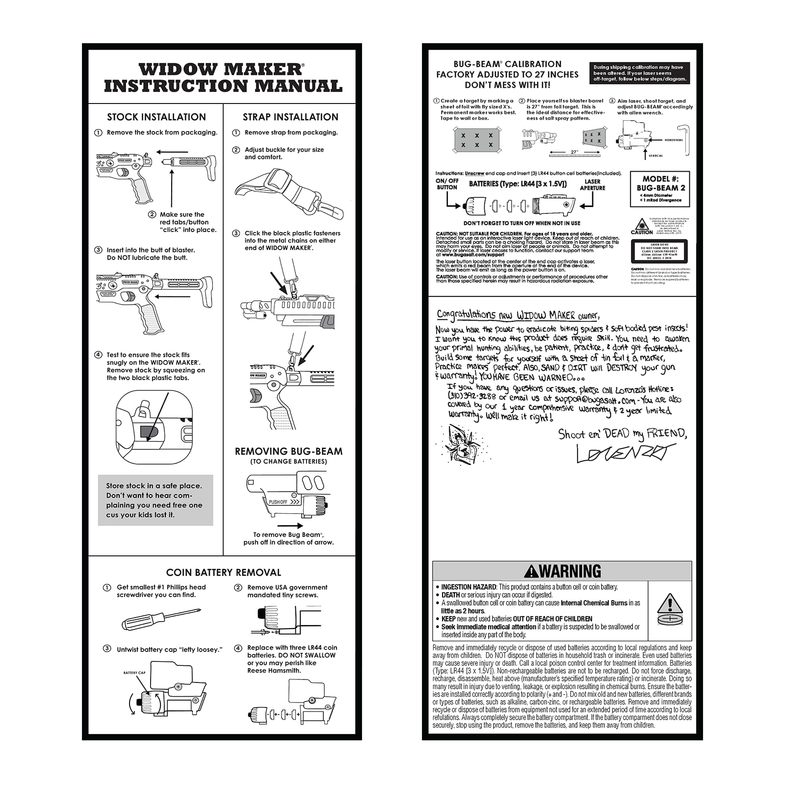 BUG-A-SALT Widow Maker safety reminders promote responsible use near people and pets.