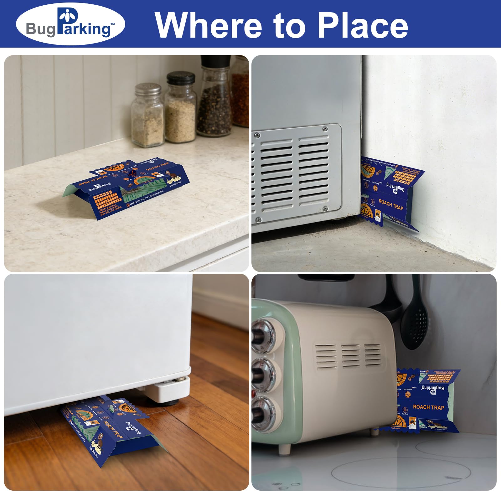 Bug Parking traps placed in kitchen areas to reduce roach presence.
