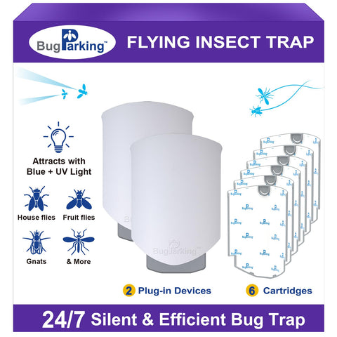 Bug Parking front view insect trap with blue UV glow for quiet indoor use.