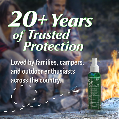 Bug Soother Spray beside a backpack for travel adventures