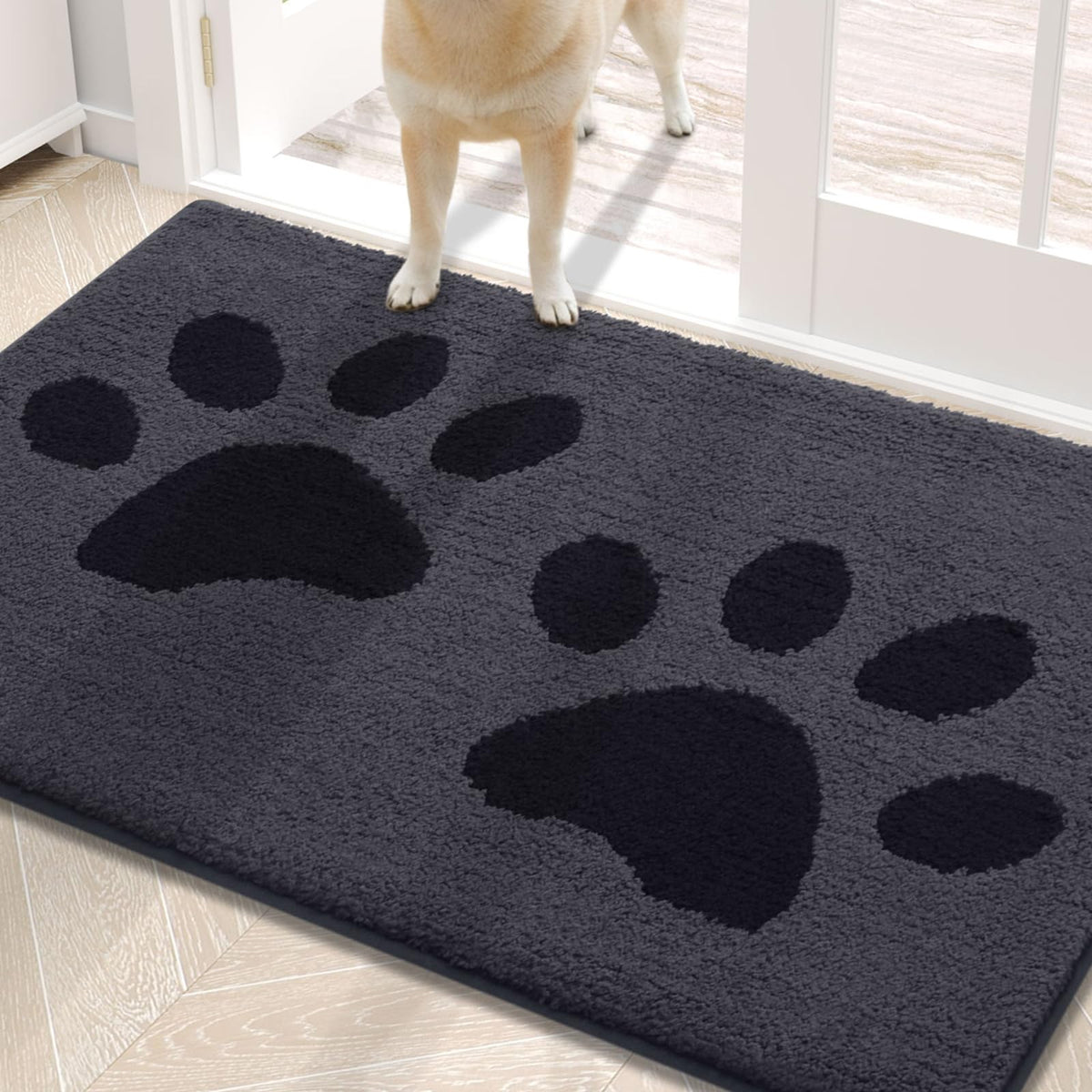 Buganda dog door mat showing muddy paws with absorbent surface for entryways