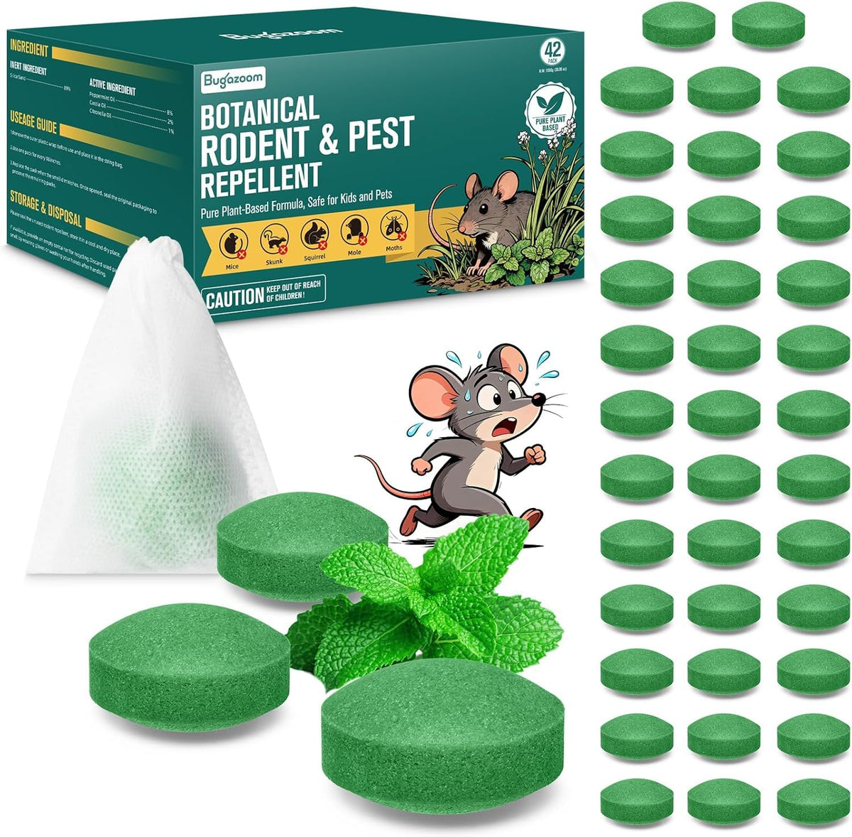 BUGAZOOM natural moth balls in a 42-pack display for rodent deterrence in homes.