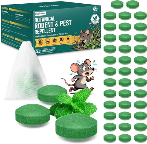 BUGAZOOM natural moth balls in a 42-pack display for rodent deterrence in homes.