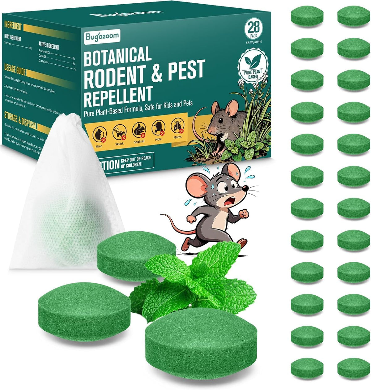 BUGAZOOM natural peppermint moth balls packaging shows 28-pack for home deterrence