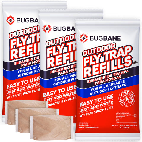 BugBane fly bait refill pack enables simple setup for reusable outdoor traps.