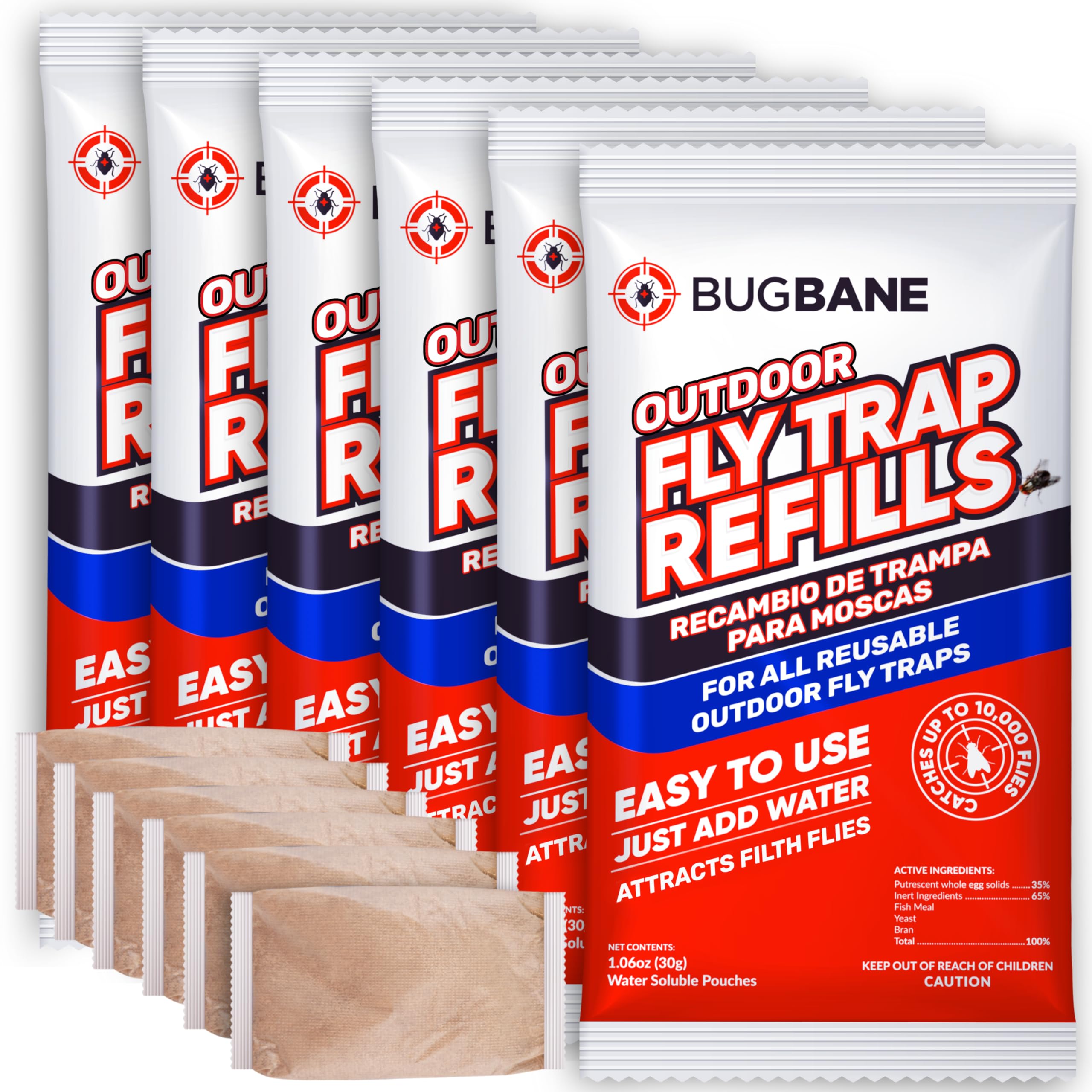 BugBane fly bait refills ready for outdoor traps to attract flies safely.