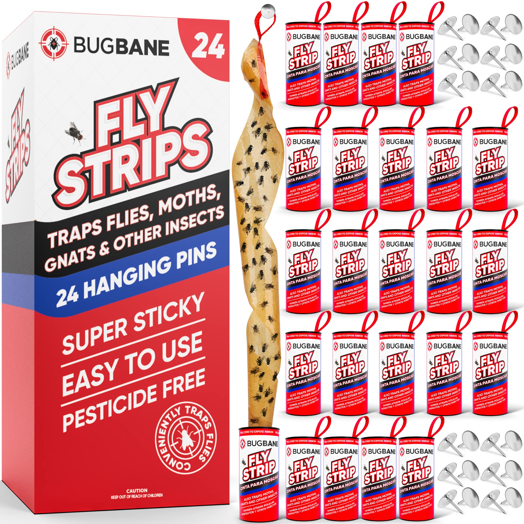 BugBane Fly Strips Indoor 24pk shown with sticky surface for effective pest catch in homes