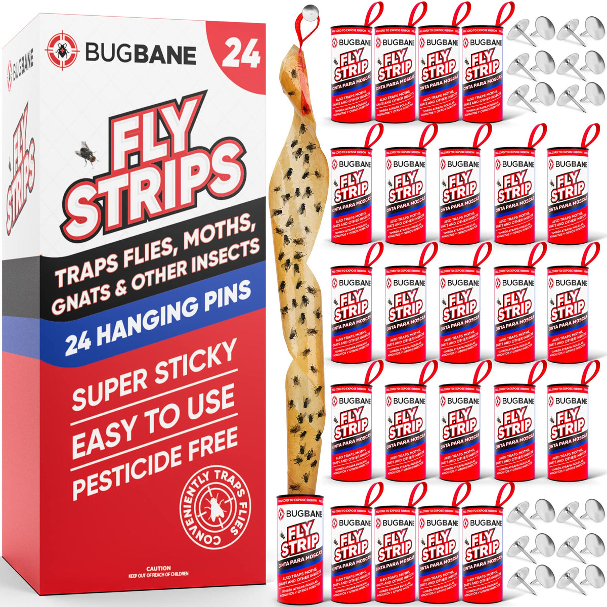 BugBane Fly Strips Indoor 24pk shown with sticky surface for effective pest catch in homes